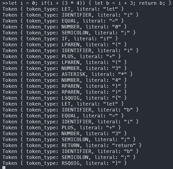 A screenshot of the gabelang lexer being used to tokenize input to a repl program