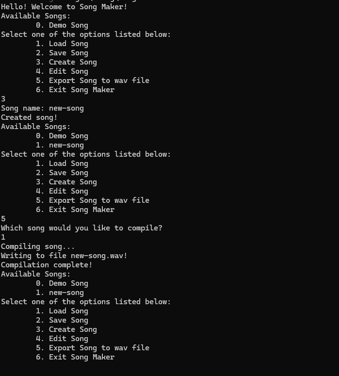 A screenshot of the Rust Music Maker command line interface where the user creates a new song and exports it to a dot wav file.